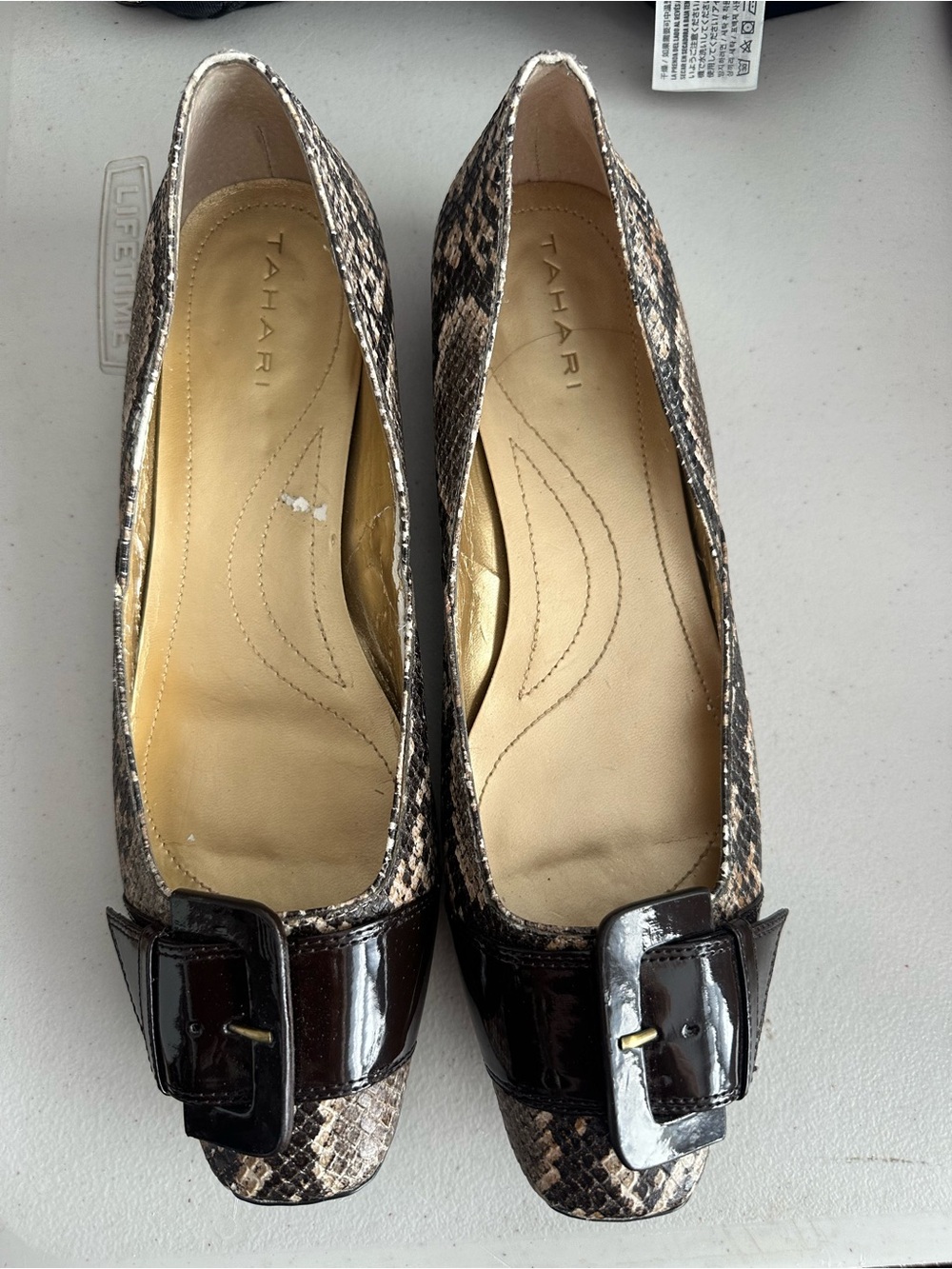 Tahari Women's Snake-Print Ballet Flats with Dark Brown Patent Buckle